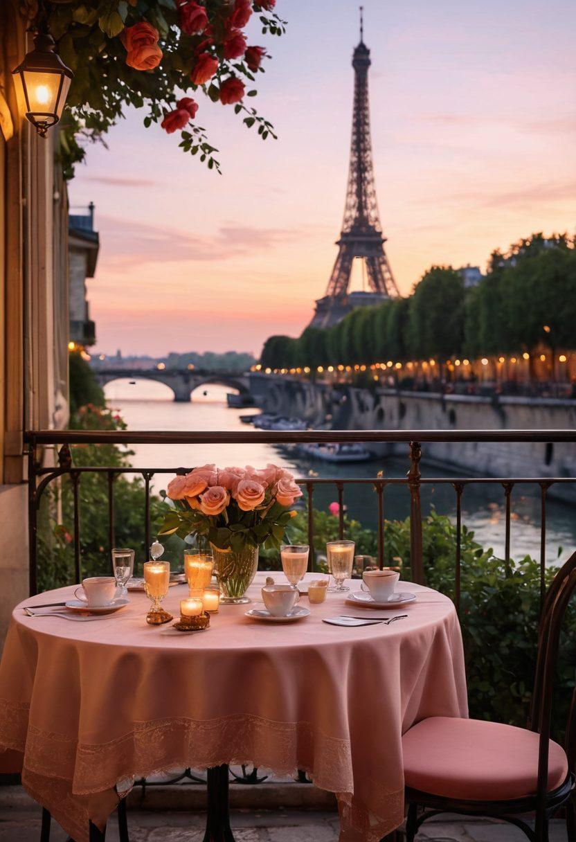 A beautifully set Parisian café table with a soft, elegant tablecloth, two steaming cups of coffee, and a bouquet of fresh roses. In the background, the iconic Eiffel Tower is softly illuminated during twilight, with couples walking hand-in-hand along the Seine River. The scene is infused with a warm, romantic glow, inviting viewers to experience joy and love in the enchanting atmosphere of Paris. super-realistic. warm colors. twilight ambiance.