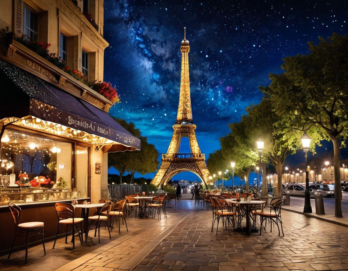 A whimsical night scene in Paris, showcasing the Eiffel Tower illuminated against a starry sky. Incorporate couples enjoying romantic moments, laughter, and joy while sipping coffee at sidewalk cafés. Surround them with vibrant city lights and blooming flowers, creating an enchanting atmosphere. super-realistic. vibrant colors. dreamy lighting.